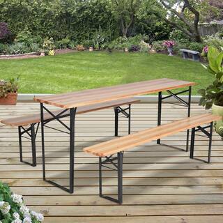 ANGELES HOME Natural Rectangle Metal Outdoor Picnic Table with 2 Benches M70-8OP433