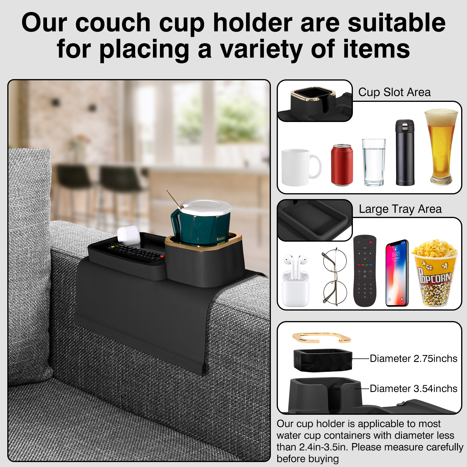 Sofa Cup Holder Tray， drink holder for your sofa  Silicone Non-slip Sofa Coaster Tray Set， For Armchair Sofa Coaster， Remote Control and Cell Phone， Glasses， Snack Storage Box (Black)