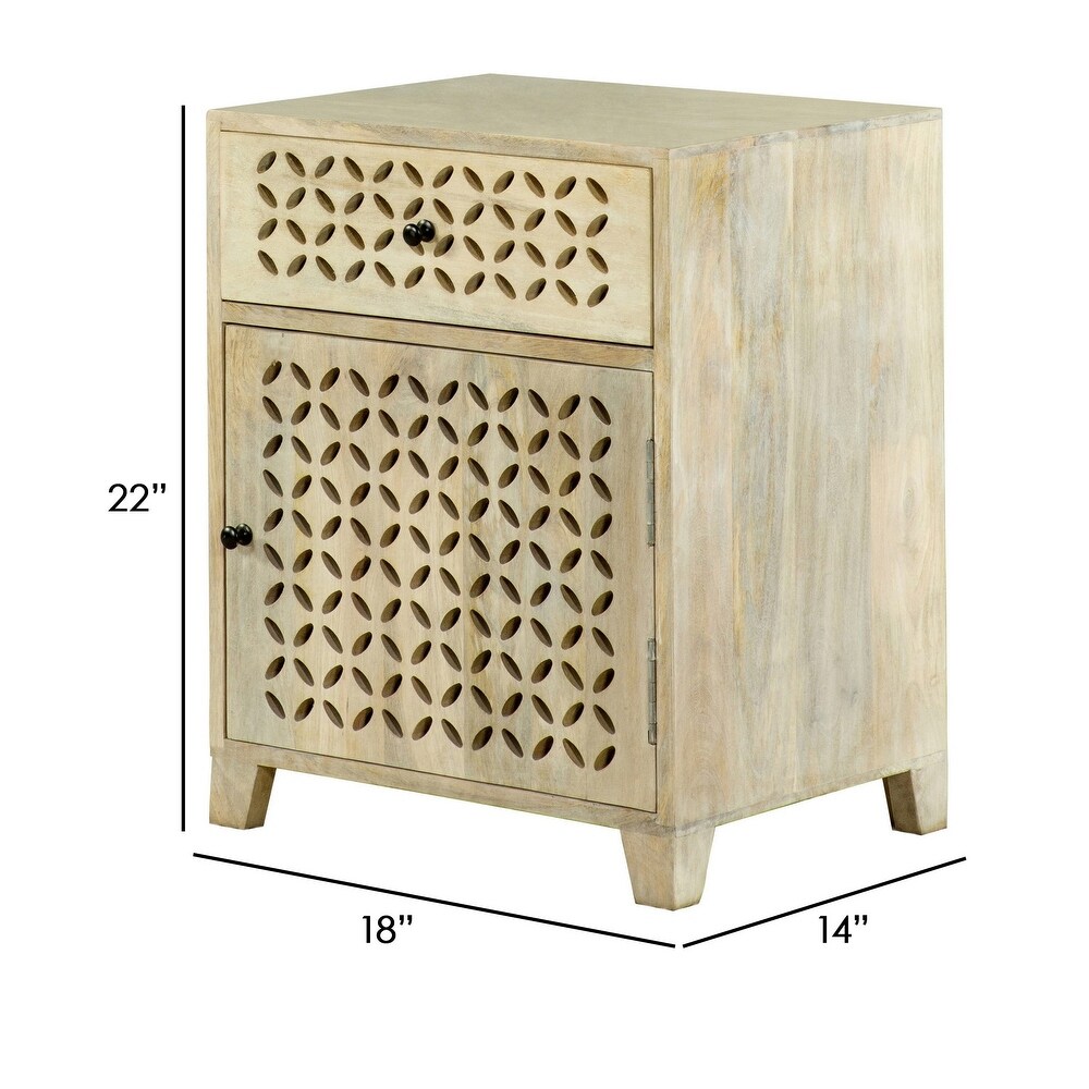 22 Inch 1 Drawer Accent Cabinet  Lattice Cut Outs on Front  Whitewash Wood