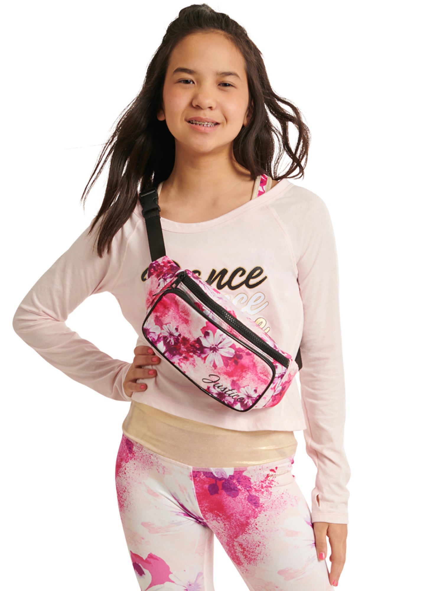 Justice Girls Pink Floral Print Fanny Pack