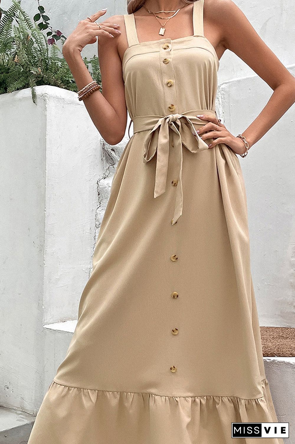 Khakia Spaghetti Tie Waist Long Dress