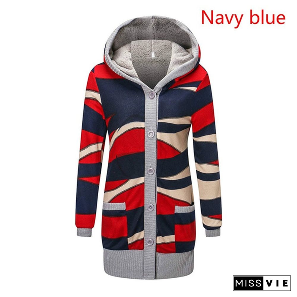 YZ Women Winter Printing Cardigan Fashion Cashmere Knitted Coat Hooded Long Sleeve Thickening Jacket Plus Size