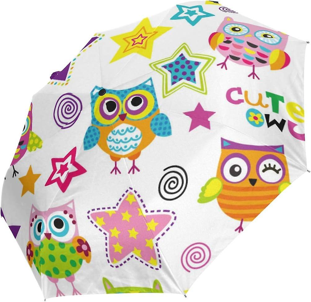 Travel Umbrella Automatic Windproof Foldable Umbrella Colorful Owls And Stars On White