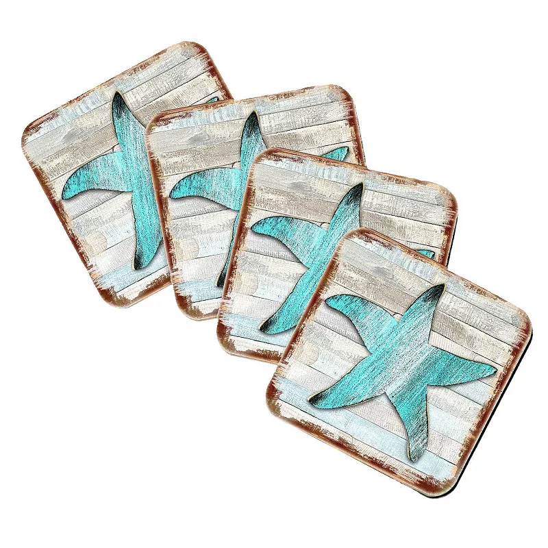 Starfish Coastal Wooden Cork Coasters Gift Set of 4 by Nature Wonders