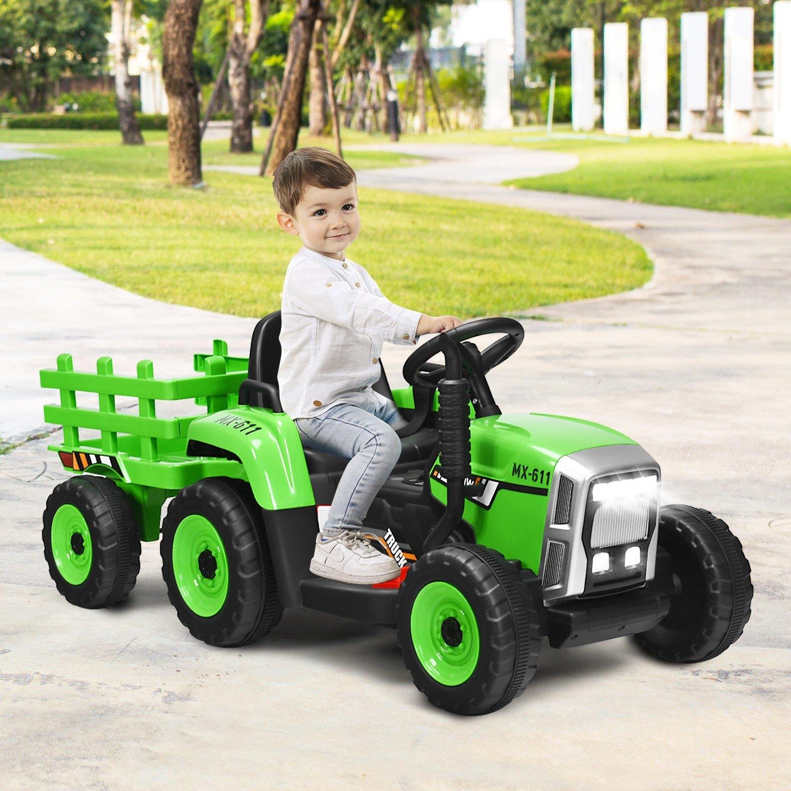 Costzon 12V Kids Ride On Tractor with Trailer, Battery Powered Electric Vehicle Toy Car