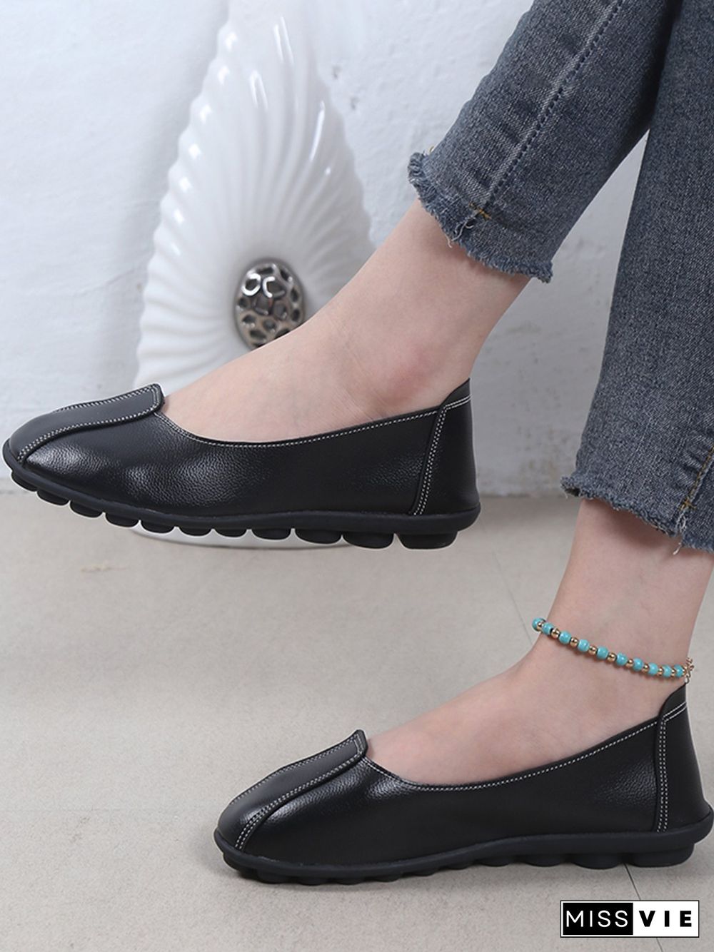 Women Casual Plain All Season Wearable Daily Flat Heel Pu Rubber Slip On Flats