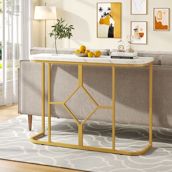 Modern Faux Marble Console Table for Entryway， Sofa Accent Table with Gold Metal Frame