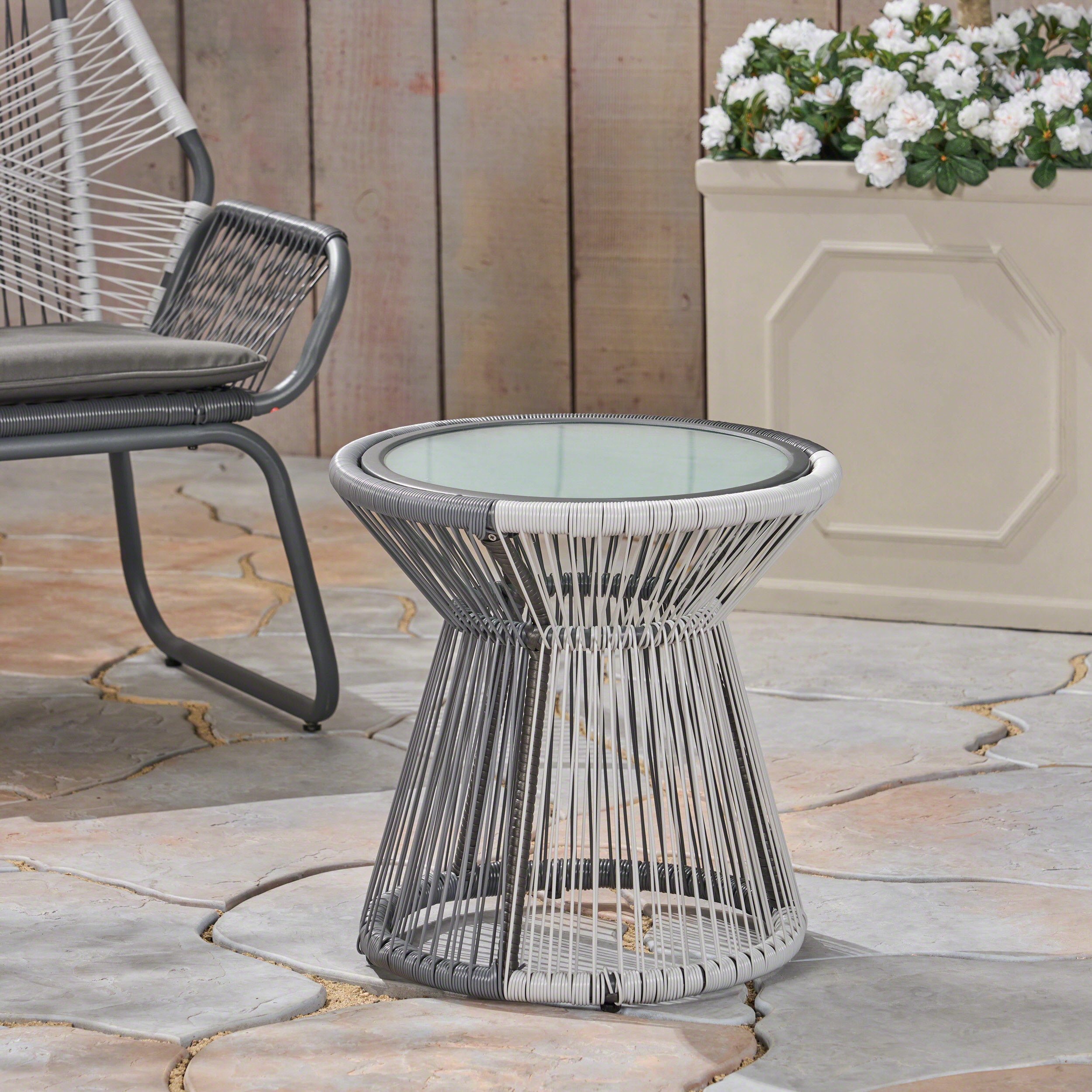 Aiden Outdoor Faux Rattan Side Table with Glass Top