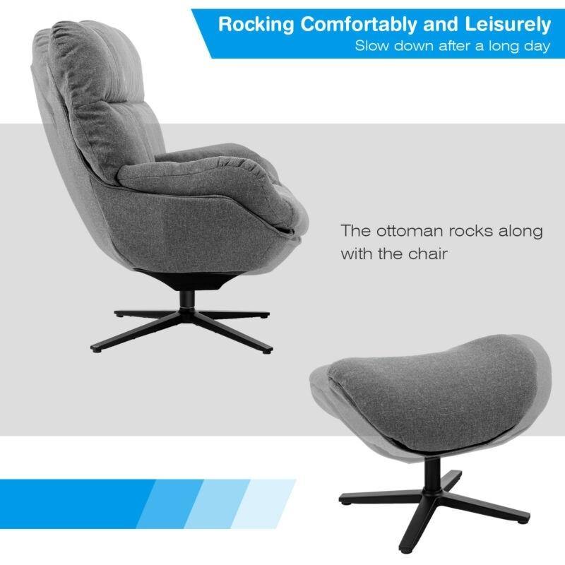 Swivel Lounge Chair w/Ottoman, Upholstered 360 Accent Lazy Recliner Armchair w/Rocking Footstool