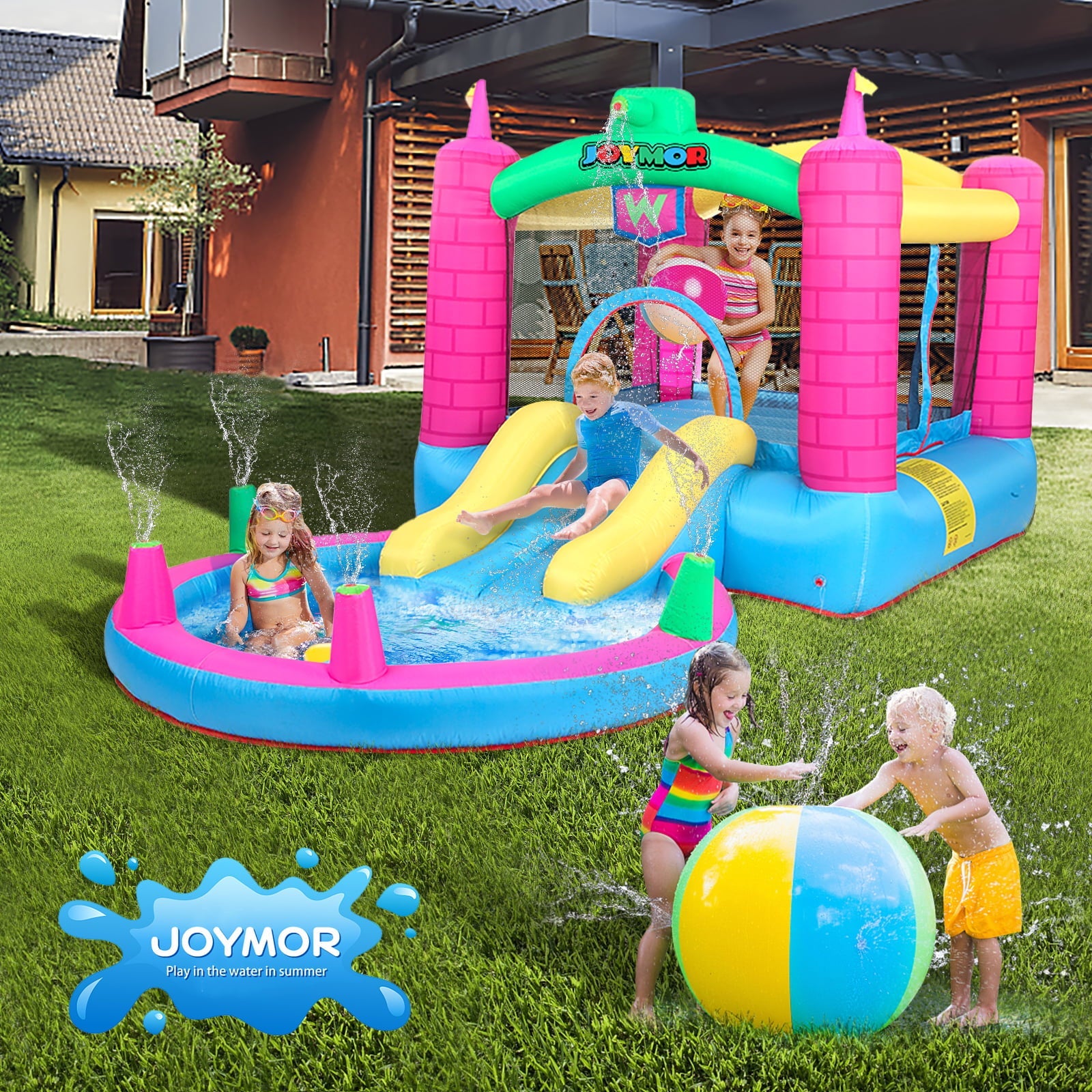 JOYMOR Bounce House Inflatable Jumping Castle Splash Pool, Water Slide Bouncer Indoor/Outdoor Playhouse Party Gift for Kids Age 3-8 w/ Air Blower ( Tank )