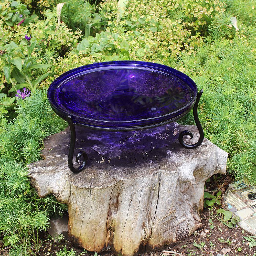 Achla Designs 14 in. Dia Cobalt Blue Reflective Crackle Glass Birdbath Bowl with Short Stand II CGB-14CB-S2