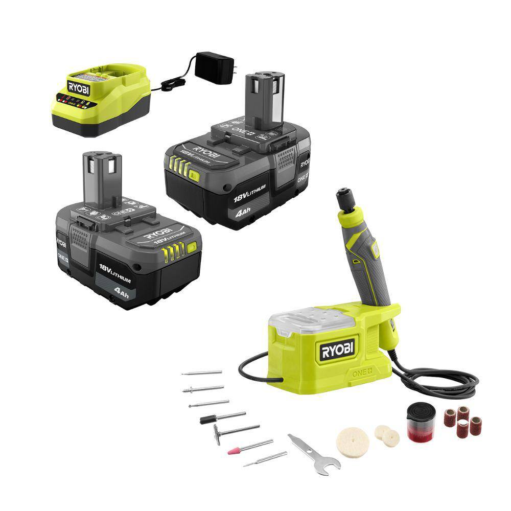 RYOBI ONE+ 18V Lithium-Ion 4.0 Ah Compact Battery (2-Pack) and Charger Kit with Free Cordless Precision Rotary Tool PSK006-PRT100B