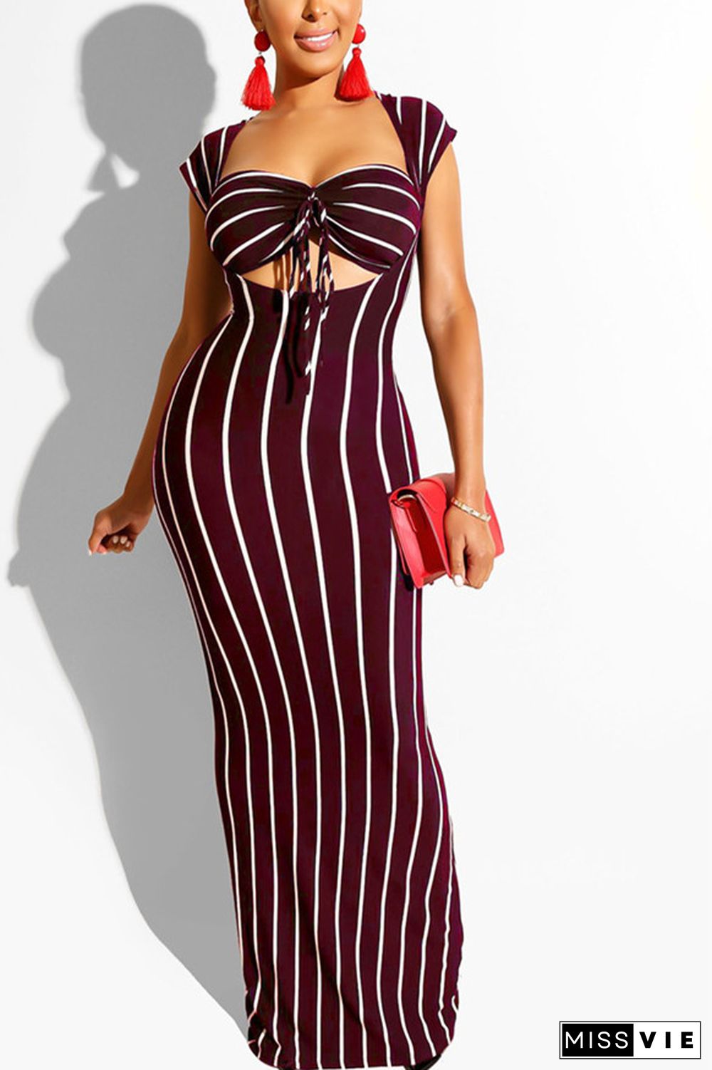 Wine Red Sexy Fashion Solid Slim fit Striped Regular Sleeveless Two-Piece Dress