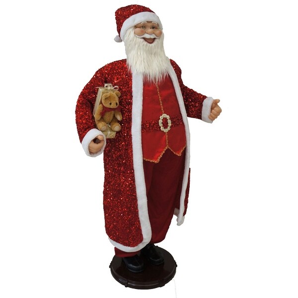 Fraser Hill Farm 58In. Dancing Santa in Red Sequin Suit with Teddy Bear and Wrapped Gifts