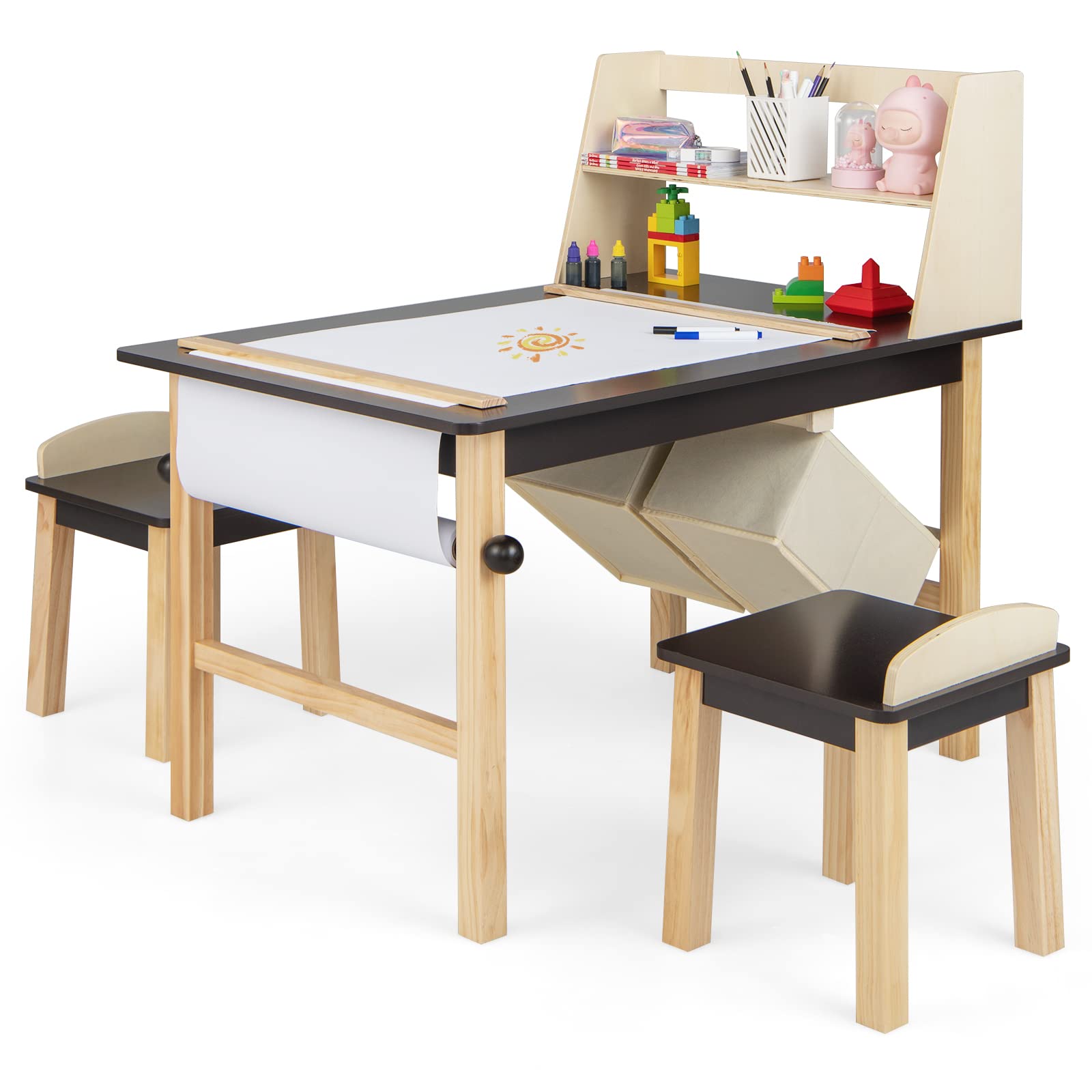 Costzon Kids Art Table and Chair Set, Wooden Drawing Painting Craft Center