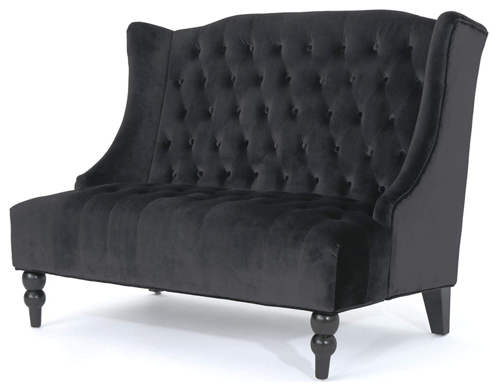 Traditional Loveseat  Velvet Seat With Button Tufted Wingback  Black/Dark Brown   Contemporary   Loveseats   by Declusia  Houzz