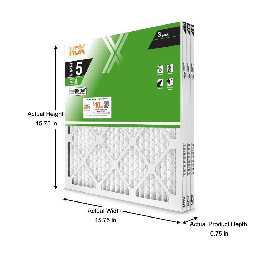 HDX 16 in. x 16 in. x 1 in. Standard Pleated Air Filter FPR 5 MERV 8 (3-Pack) HDX3P5-011616