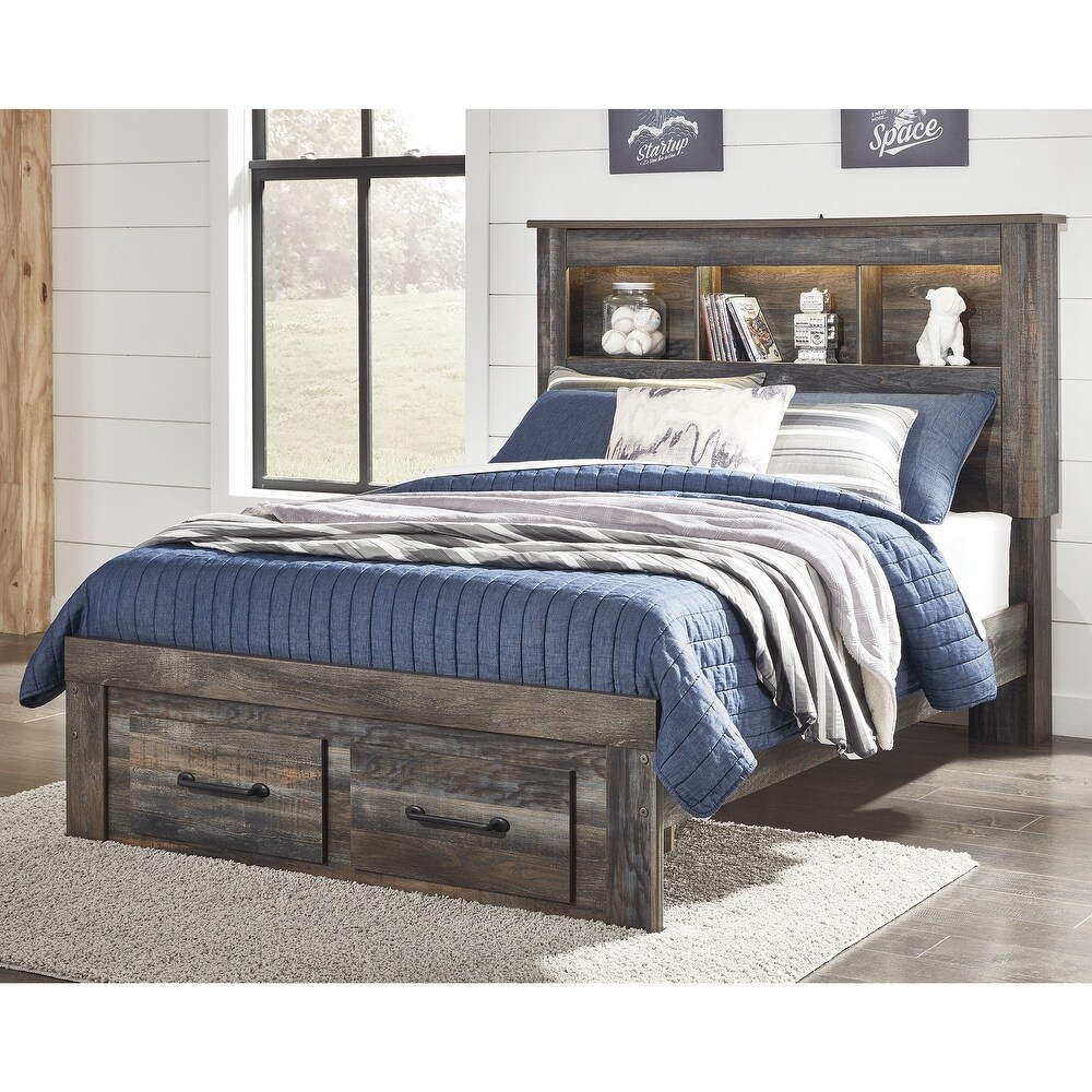 Drystan Rustic Brown Bookcase Bed with Footboard Storage Drawers