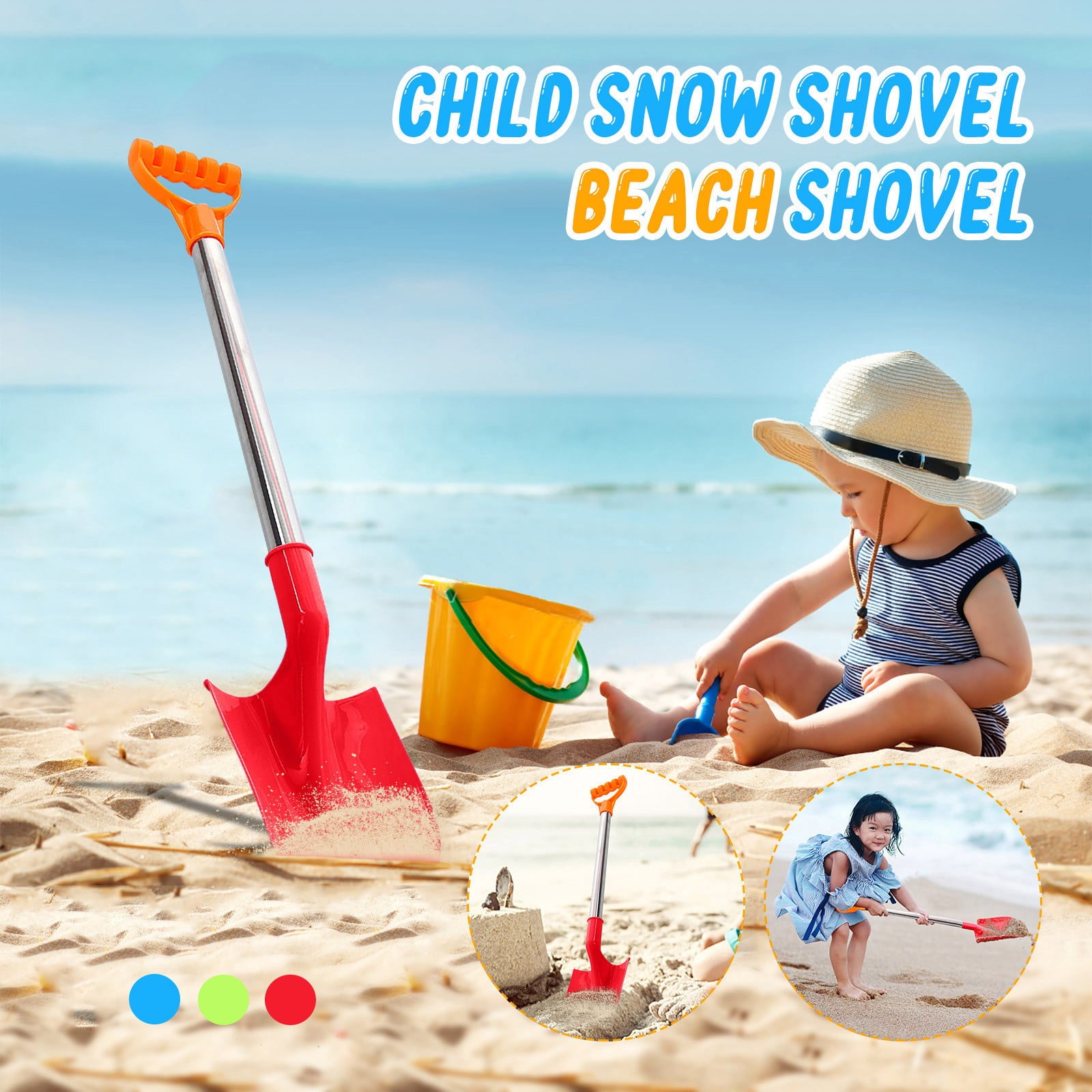 Bseka Kid's Beach Shovel With Stainless Steel Handle Snow Shovel Sand and Snow Toys 1pcs