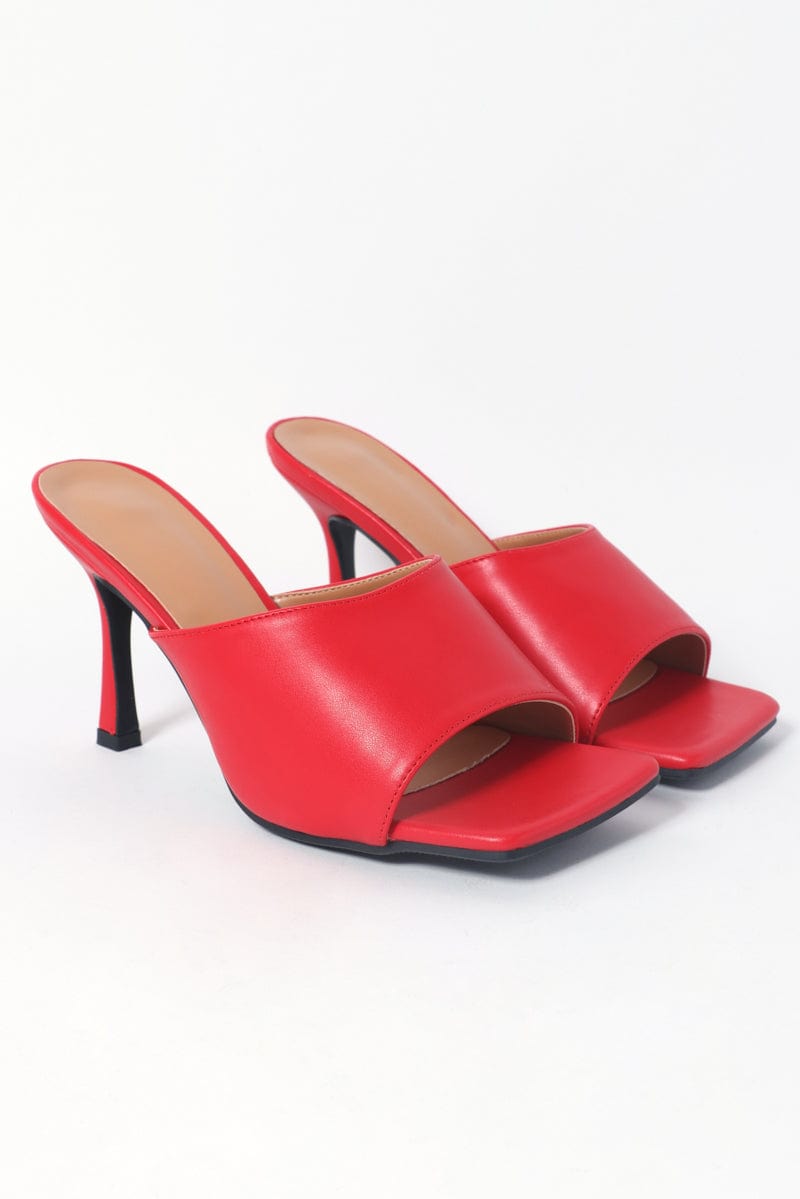 Red Square Toe Heeled Mules Sandals