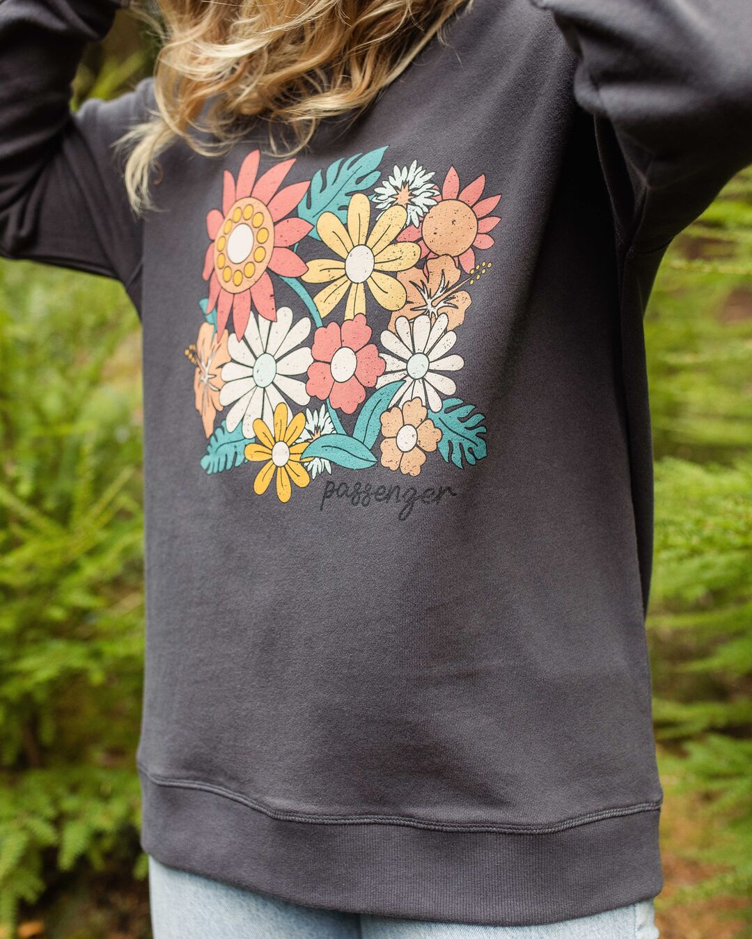 Floral Bloom Recycled Cotton Oversized Sweatshirt - Charcoal