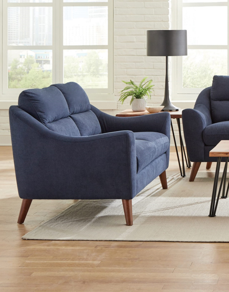 Fabric Upholstered Loveseat With Sloped Arms and Wood Legs  Navy Blue   Midcentury   Loveseats   by Simple Relax  Houzz