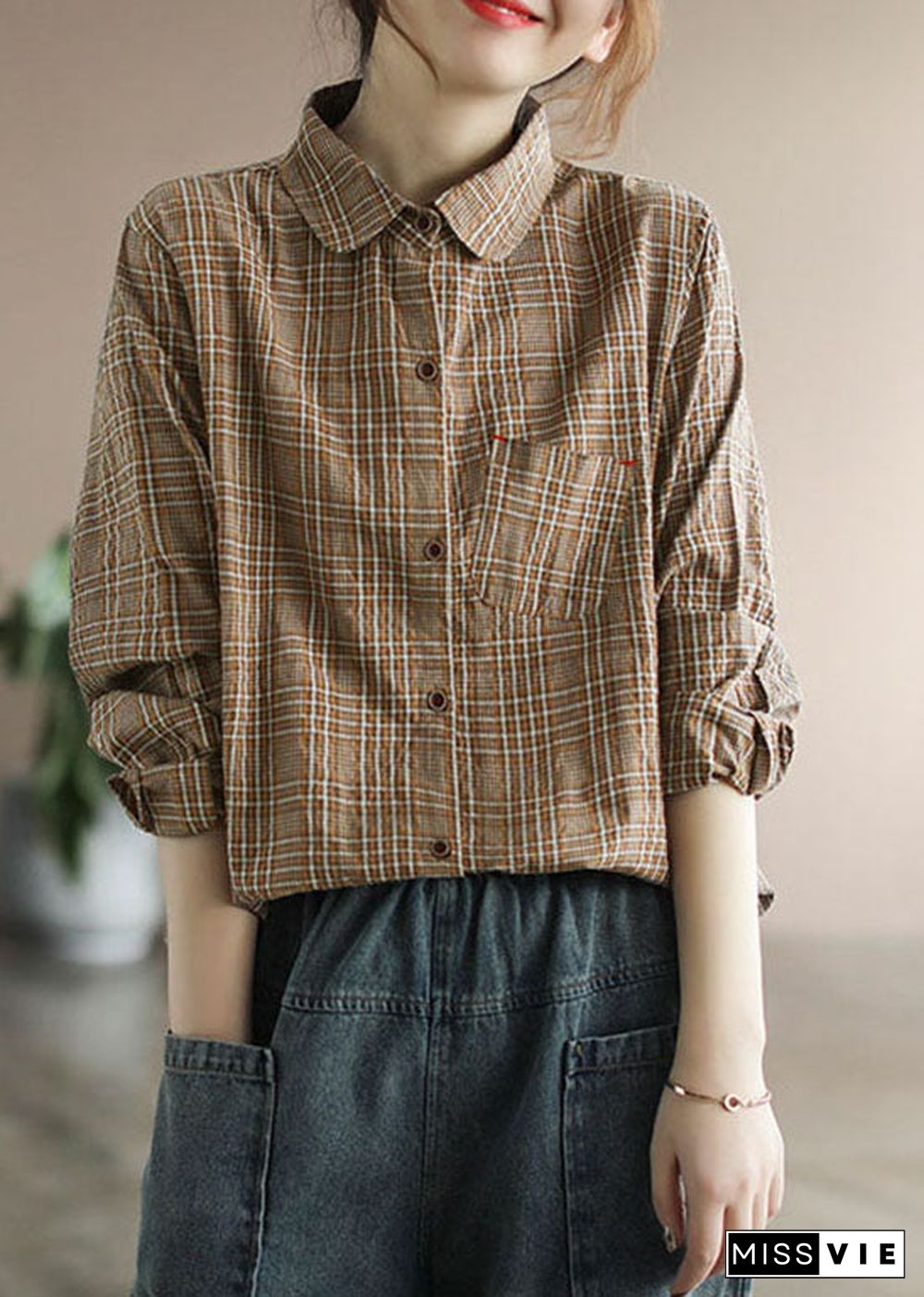 Chocolate Plaid Cotton Shirt Tops pocket Long Sleeve