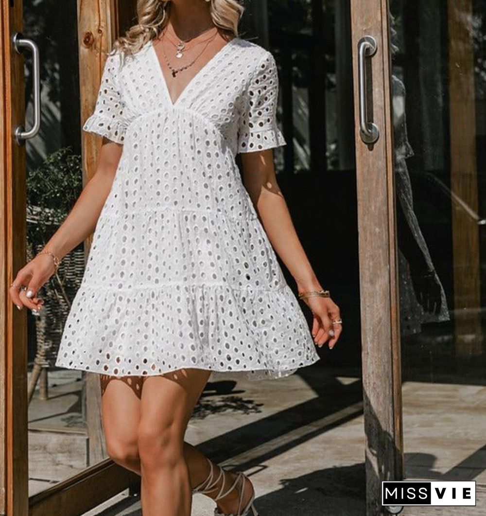 Sexy V-Neck Lace Stitching White Dress Summer New Short-Sleeve Solid Women Dress Casual Fashion Boho A-Line Dress