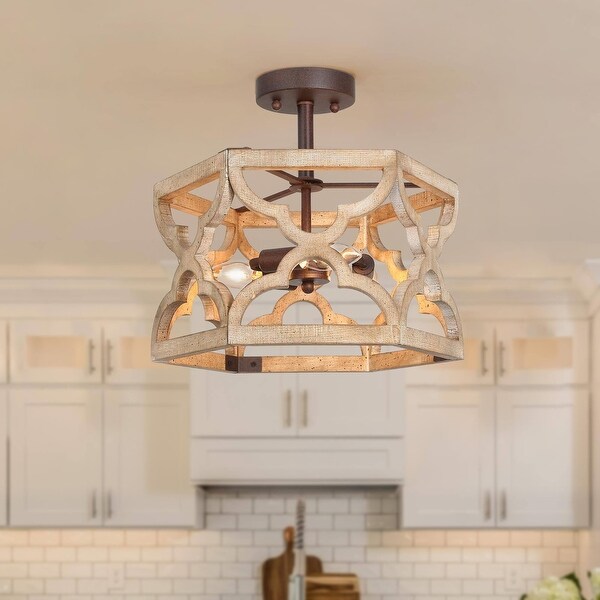 Modern Farmhouse 3-Light Wood Kitchen Island Light Rustic Semi-Flush Mount - D14x H 13