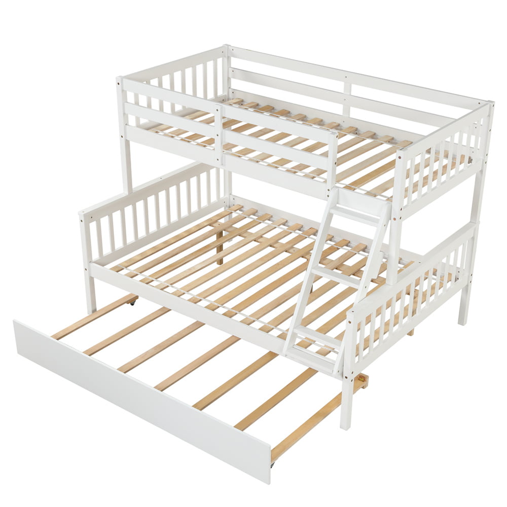 Twin Over Full Bunk Bed with Trundle, Wood Bed Frame with Ladder and Safety Rails for Kids, Teens, Adults, White