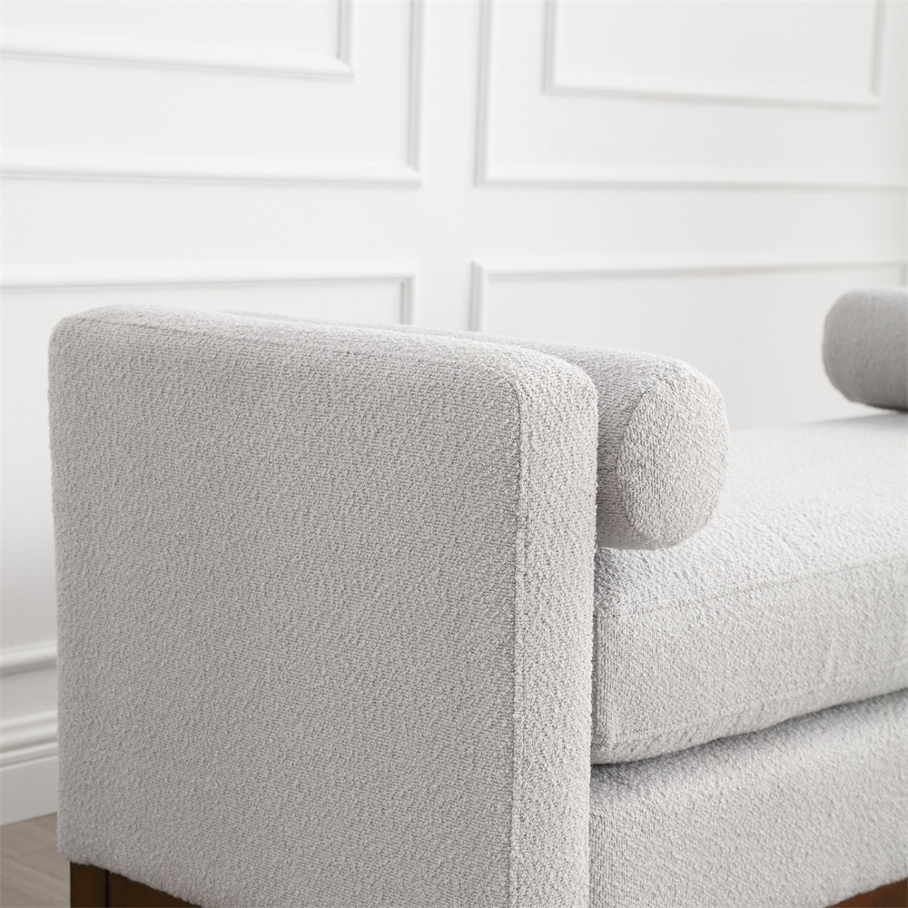 Elegant Upholstered Bench Ottoman with Wood Legs   Bolster Pillows