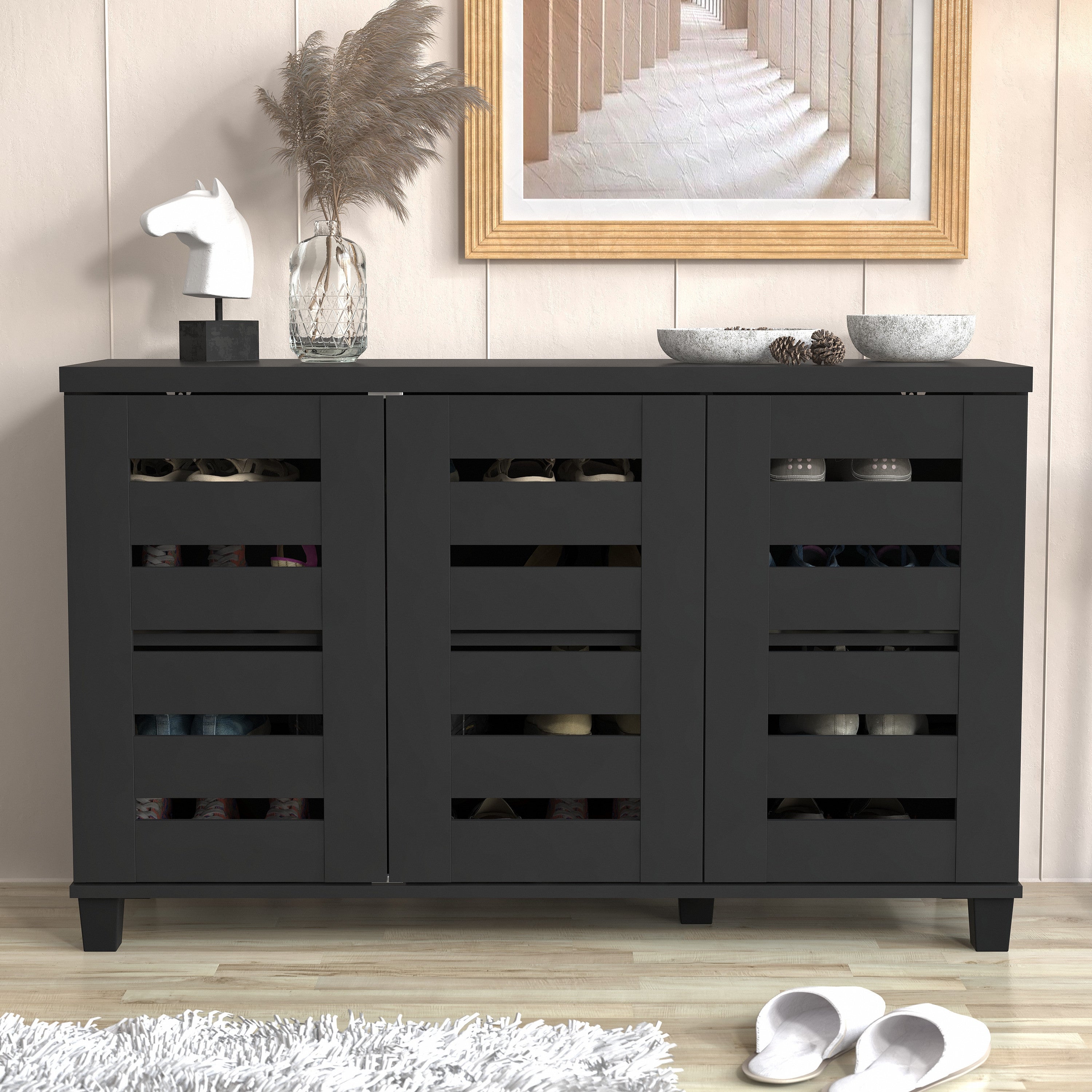 28 in. H x 45.3 in. W Black Wood Shoe Cabinet - - 37316171