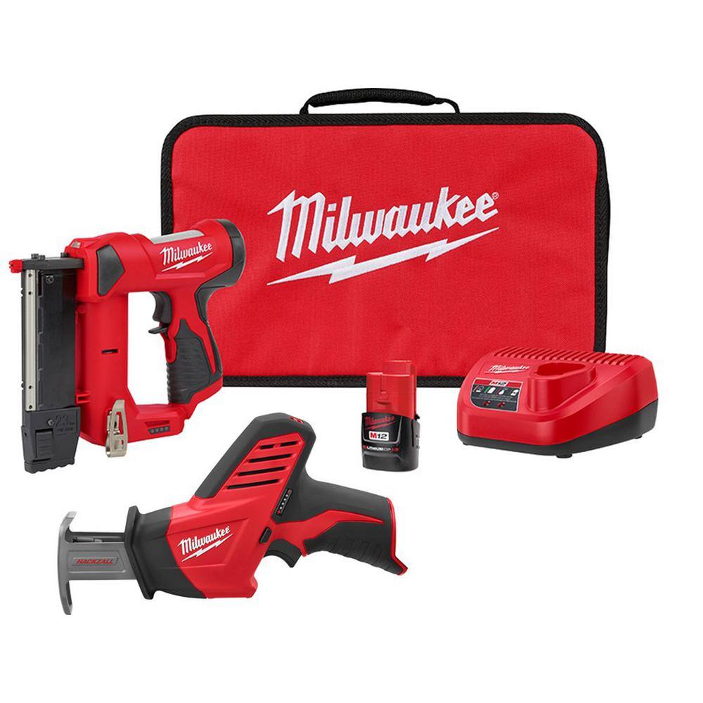 MW M12 12-Volt 23-Gauge Lithium-Ion Cordless Pin Nailer Kit with M12 Lithium-Ion HACKZALL Cordless Reciprocating Saw 2540-21-2420-20