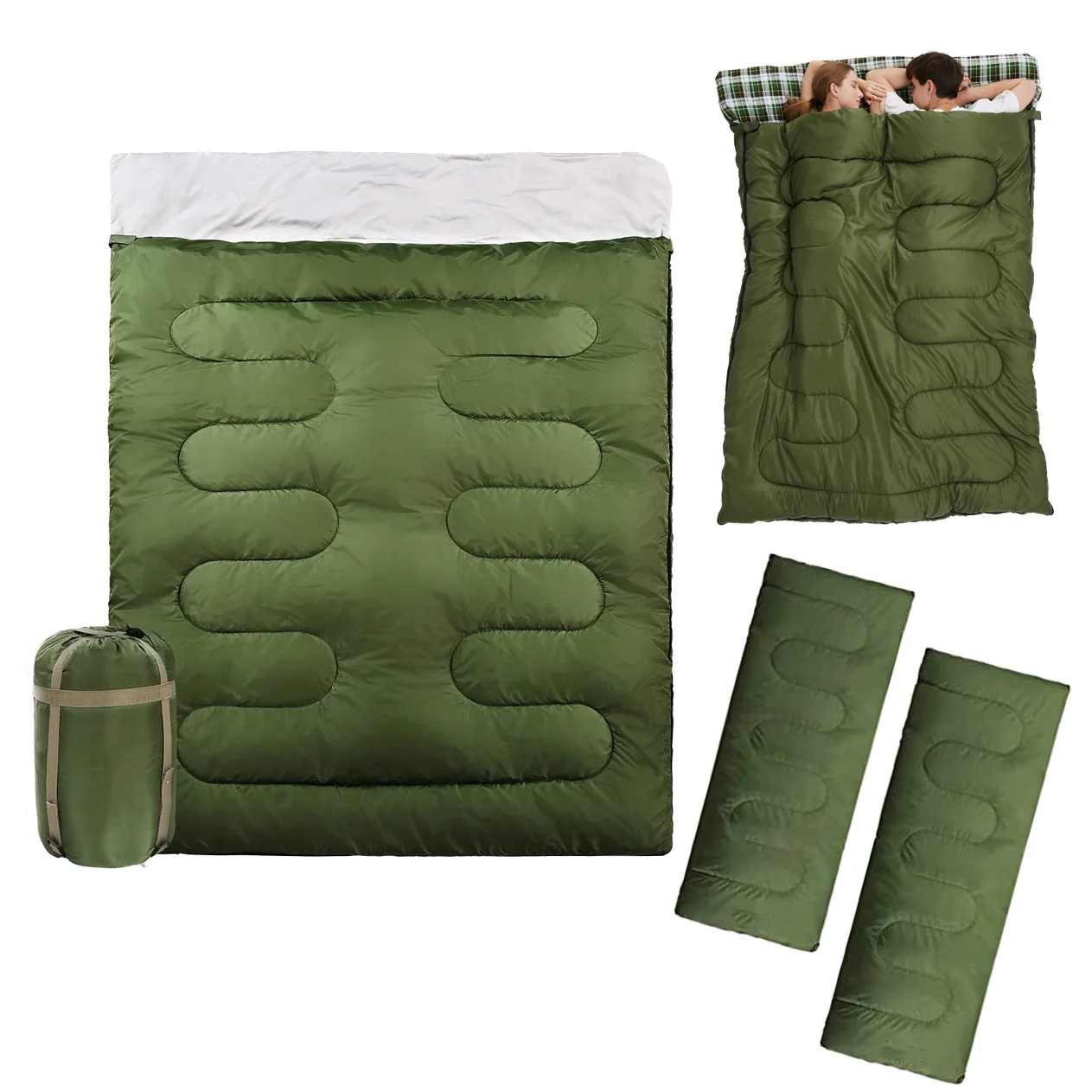 4 Seasons Ultralight Thermal Camping Hunting Double Slicing Envelope Wide Rectangular Sleeping Bag Green Warm Weather 1pcs