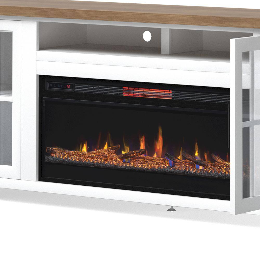 Bridgevine Home 97 in. Fully Assembled White and Brown TV Stand with Electric Fireplace Fits TV's up to 85 in. HT5410.BJW