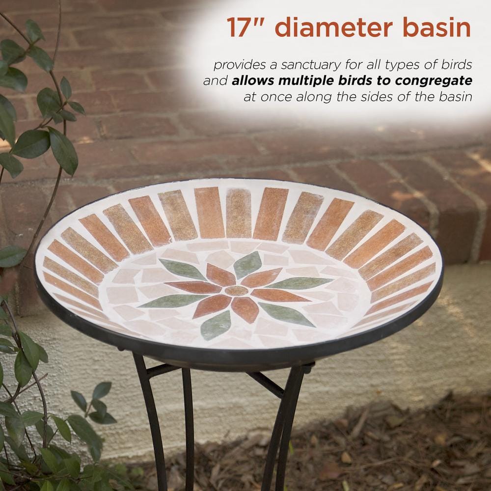 Alpine Corporation 25 in. H Outdoor Decorative Mosaic Birdbath with Metal Stand， Tan/Beige JFH920