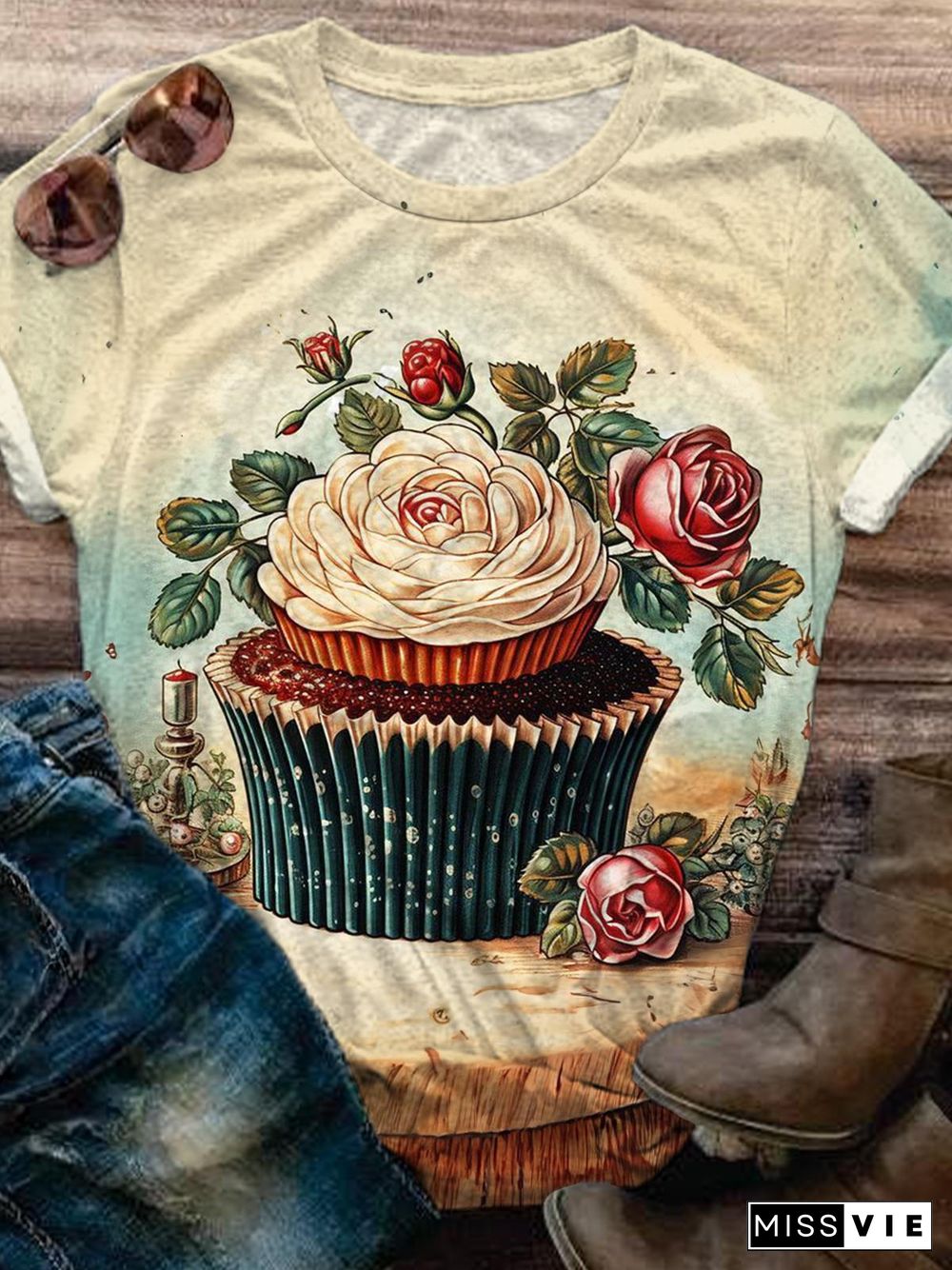 Flower Cupcake Crew Neck T-shirt