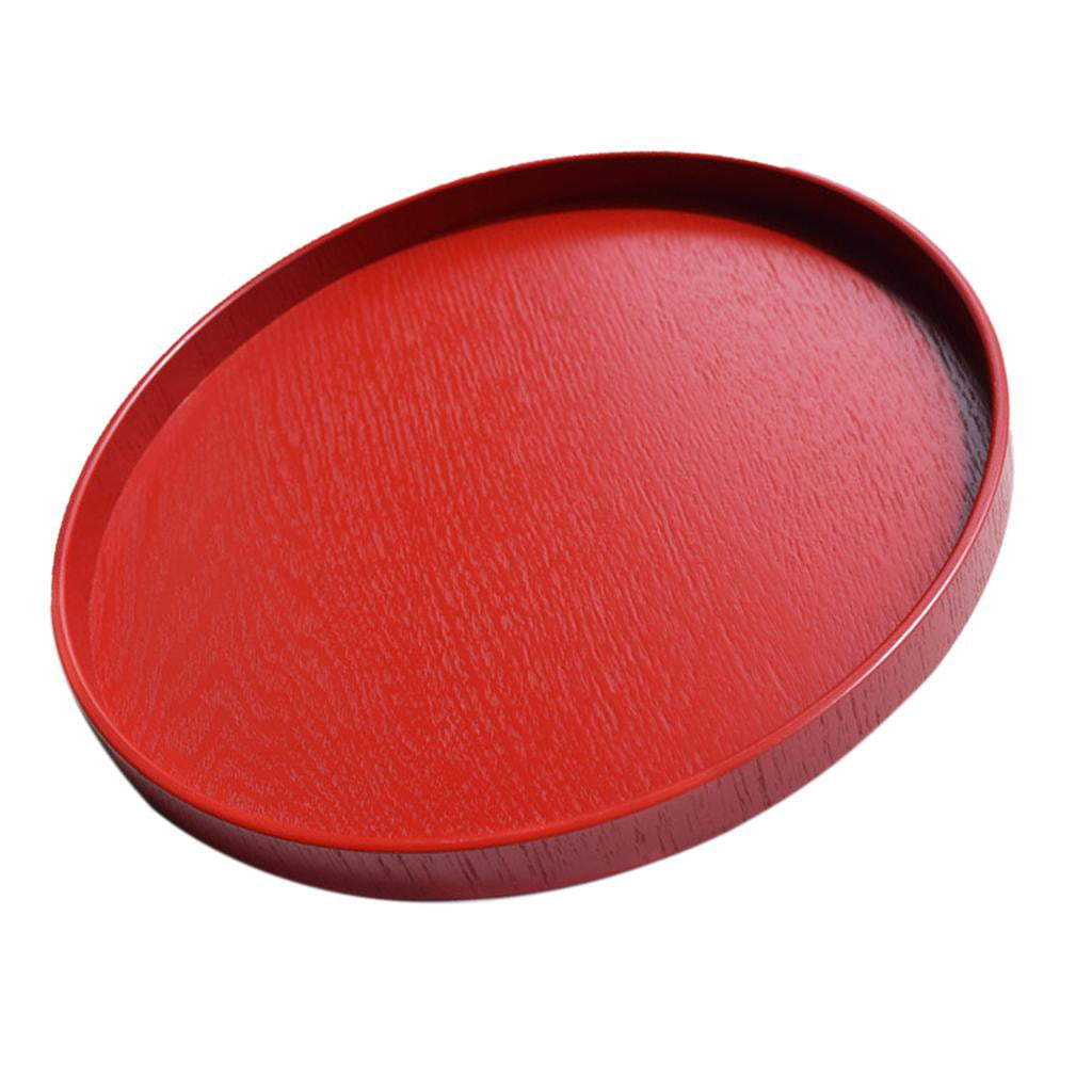 2x Round Wooden Plate Food Snack Serving Trays Salad Bowl Platter Red