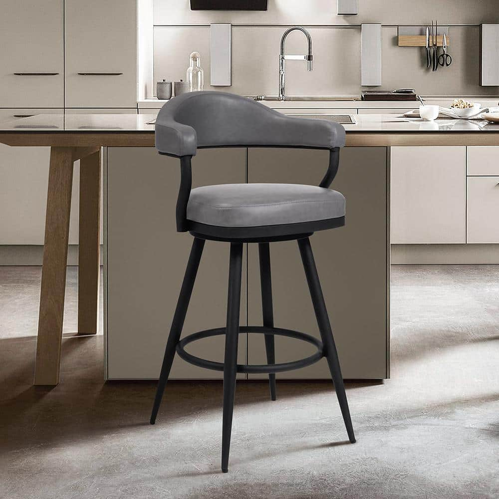 Armen Living Amador 30 in. Bar Height Bar Stool in a Black Powder Coated Finish and Vintage Grey Faux Leather 721535747016