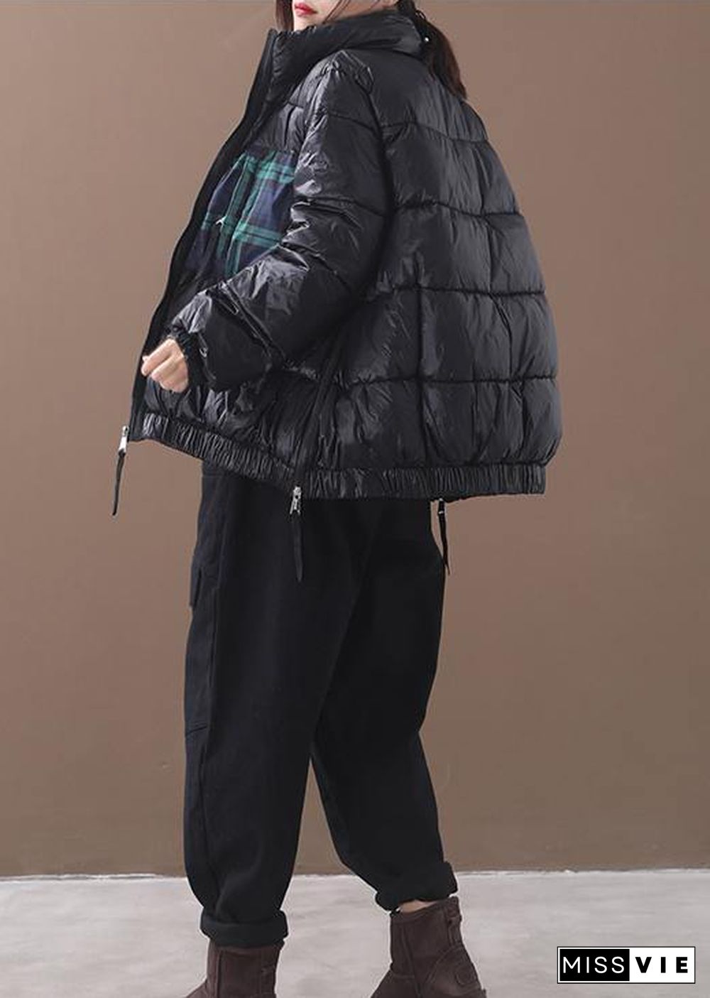 fine plus size down jacket patchwork plaid coats black winter side zippered warm winter coat