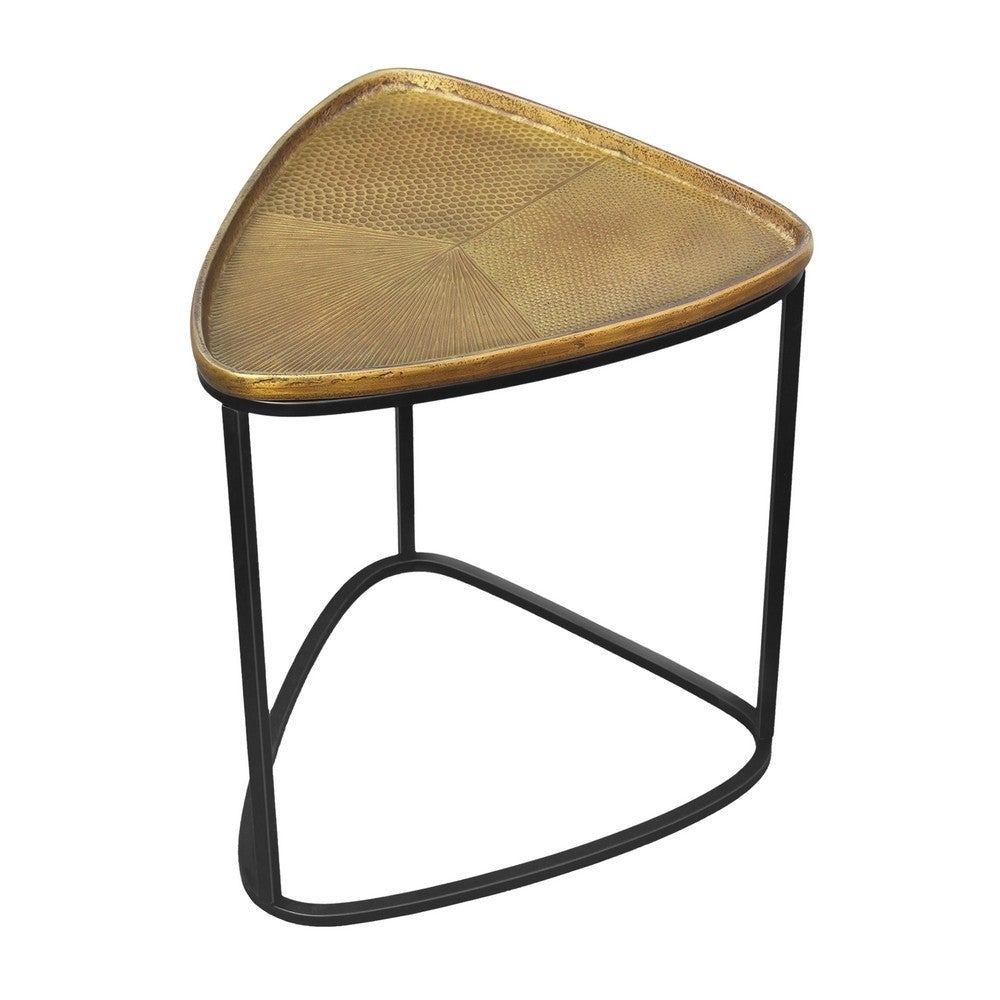 19 Inch Aluminum Side End Table， Iron Frame， Guitar Pick Shaped Top， Antique Brass， Black - 18.6 H x 14.7 W x 15.6 L I