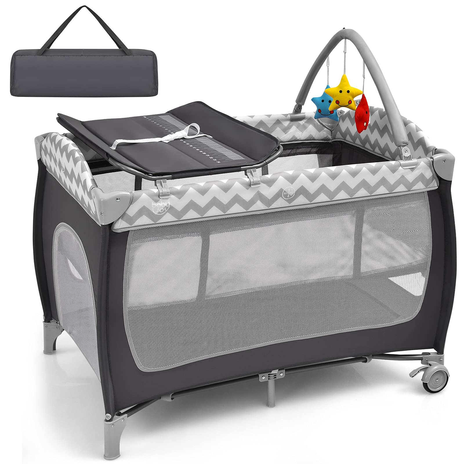 BABY JOY 4 in 1 Pack and Play, Portable Baby Playard with Bassinet Bed, Side Zipper Door