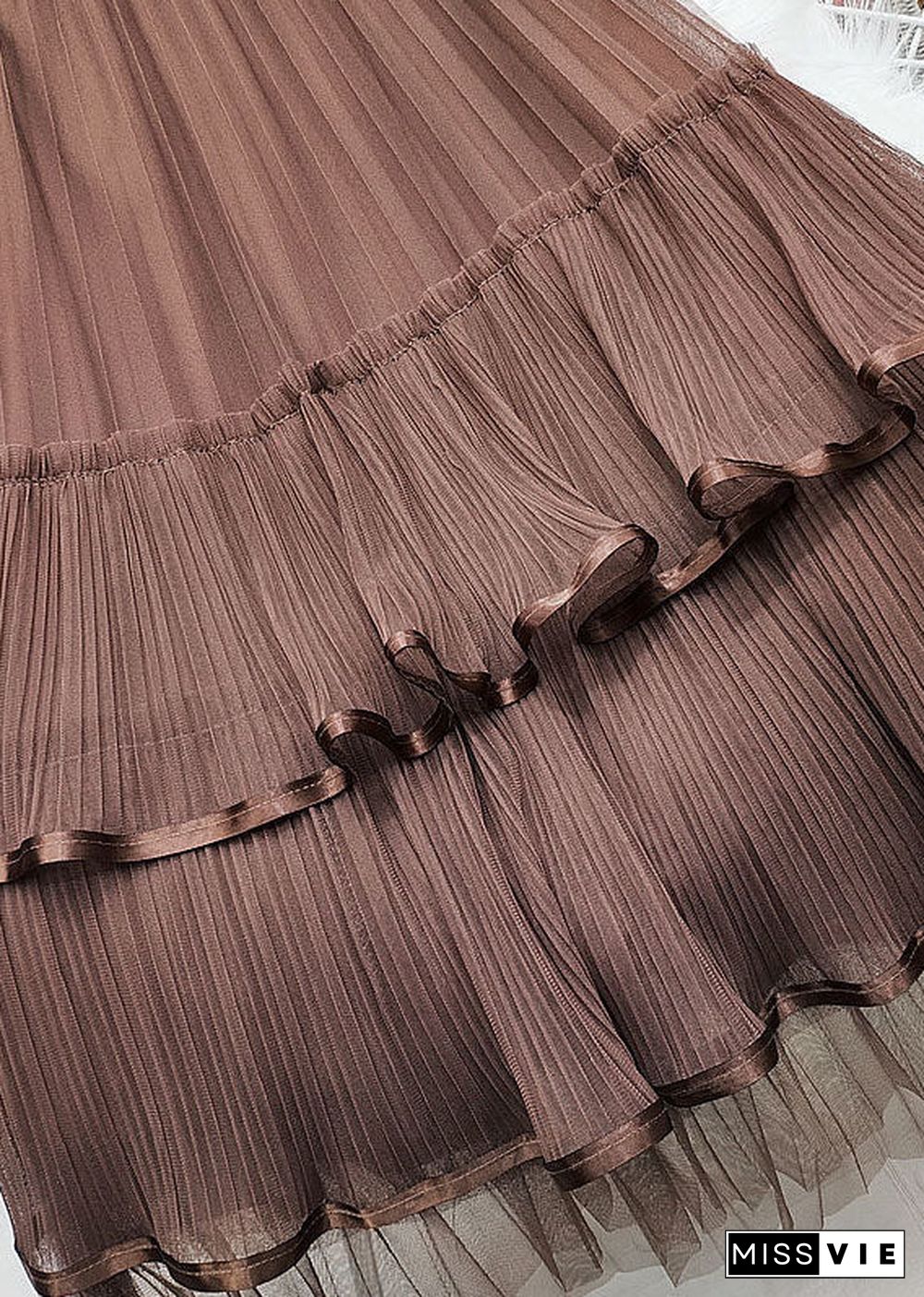 Boutique Chocolate Elastic Waist Ruffled Patchwork Wrinkled Tulle Skirts Spring