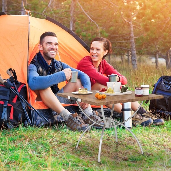 Costway 2 Pack Folding Camping Table with Woodgrain Tabletop Aluminum