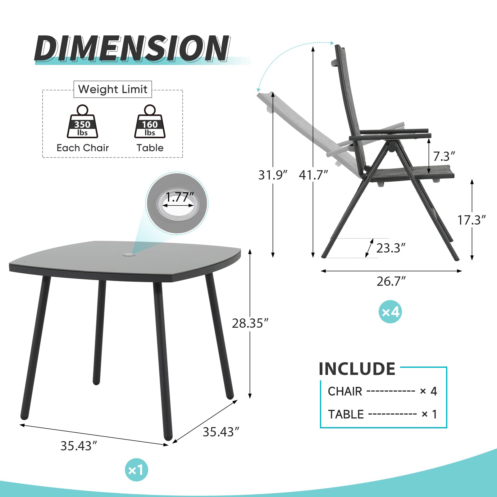 Patio Dining Set, 5 Piece Outdoor Dining Table Set with 4 Adjustable Folding Textilene Chairs and 1 Round Table, Aluminum Frame, for Garden, Yard, Porch, Poolside, Dark Gray