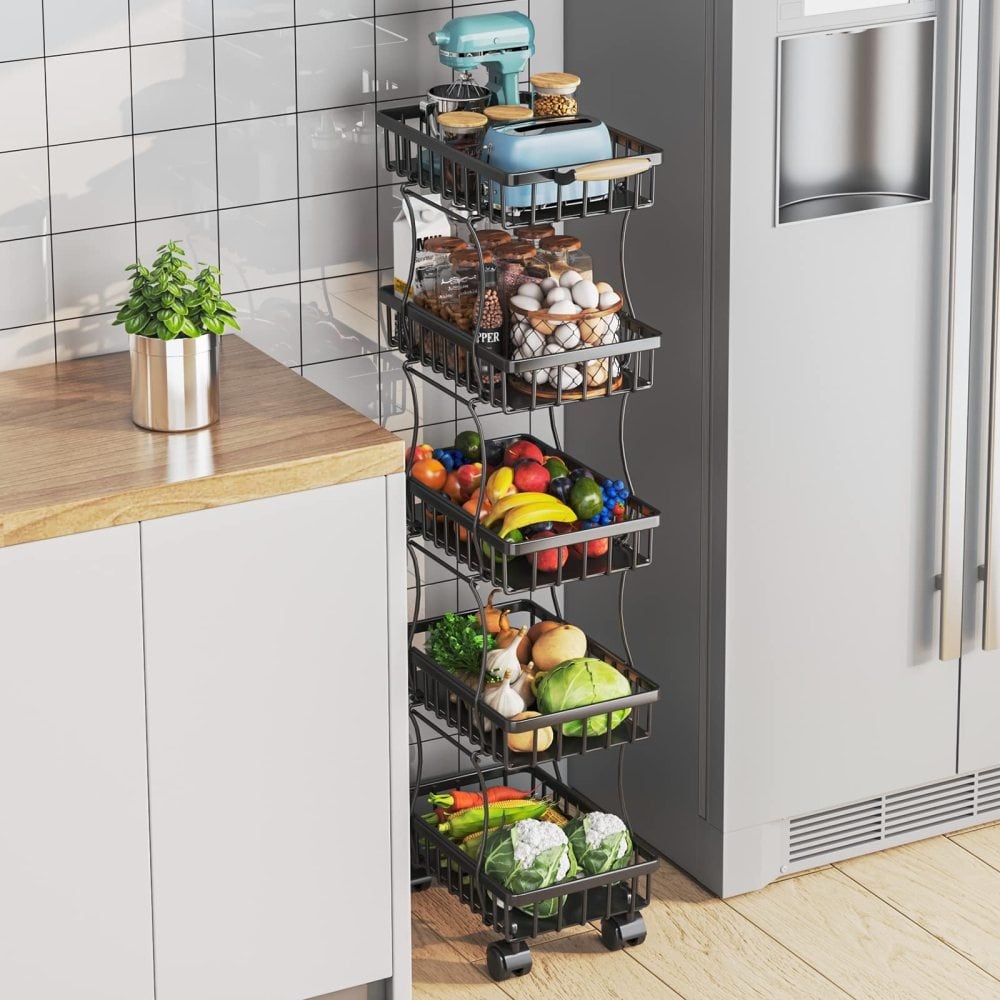 5 Tier Wire Basket Bins Storage Cart with Wheels for Kitchen