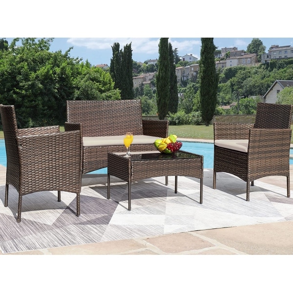 4 Pieces Conversation Sets Outdoor Wicker Rattan Chairs Garden Backyard Porch loveseat with Soft Cushion and Glass Table