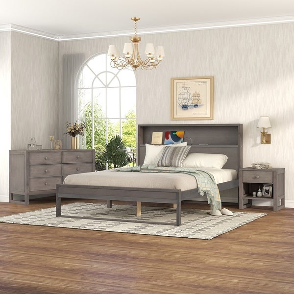 3-Piece Bedroom Sets with Antique Platform Bed， Nightstand and Dresser - - 37909144