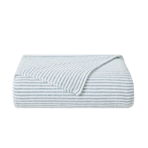 Striped Chenille Throw Blanket White blue Brooklyn Loom