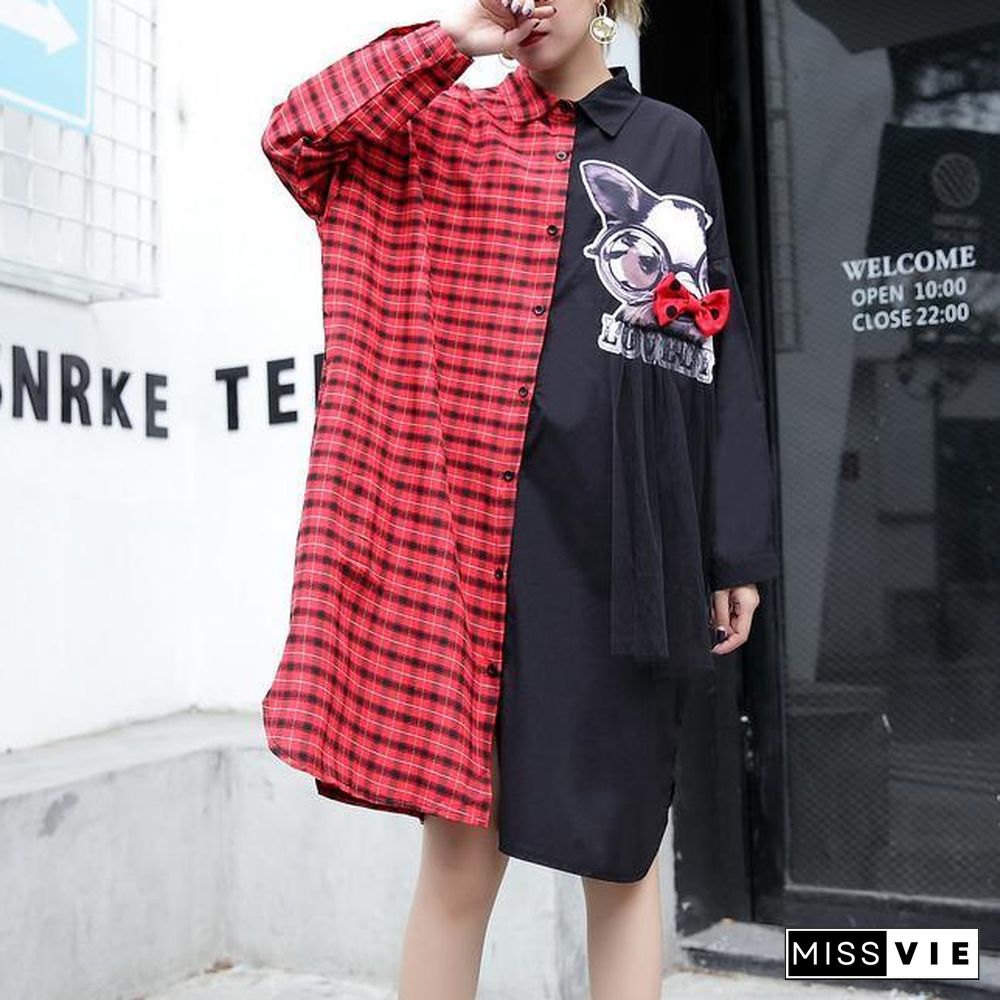 fine red plaid cotton pullover Loose fitting cotton maxi t shirts Fine side open patchwork cotton blouses